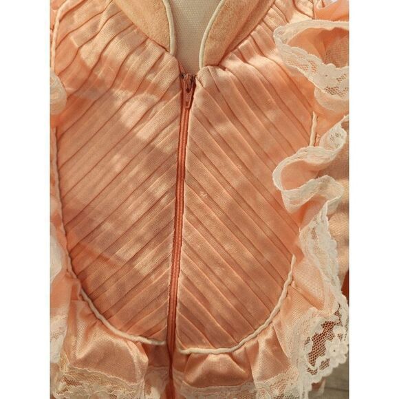 Vintage 80s Suzanne Beth Coral Pink Half Zip Fleece Robe Satin Lace M - Picture 7 of 9